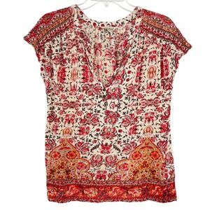 Lucky Brand Womens Small Red Paisley Floral Linen Blend Henley Knit Boho Top